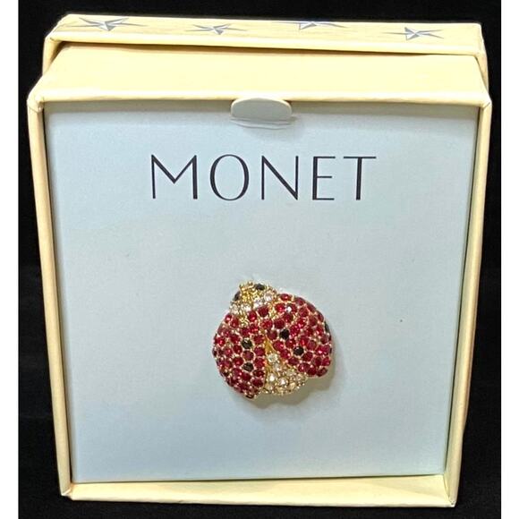 Vtg Monet Ladybug Brooch Pin Pave Crystal Rhinestone Red Black 7/8" Gold Tone - Picture 1 of 9